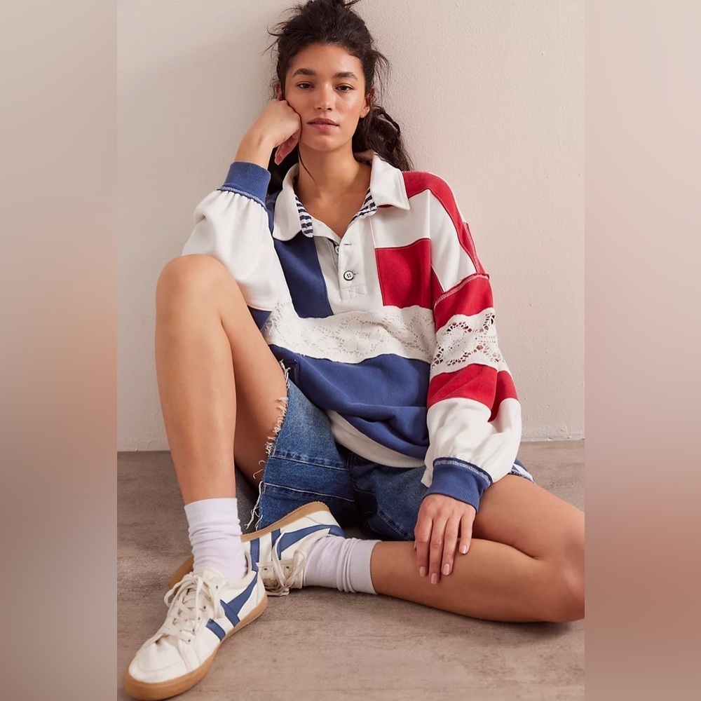 Free People Red, Blue & White Rugby Pullover Hoodie